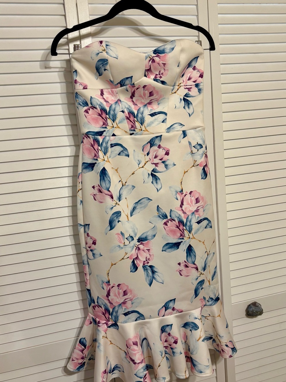 ASOS Strapless Floral Midi Dress in Cream, Pink and Blue